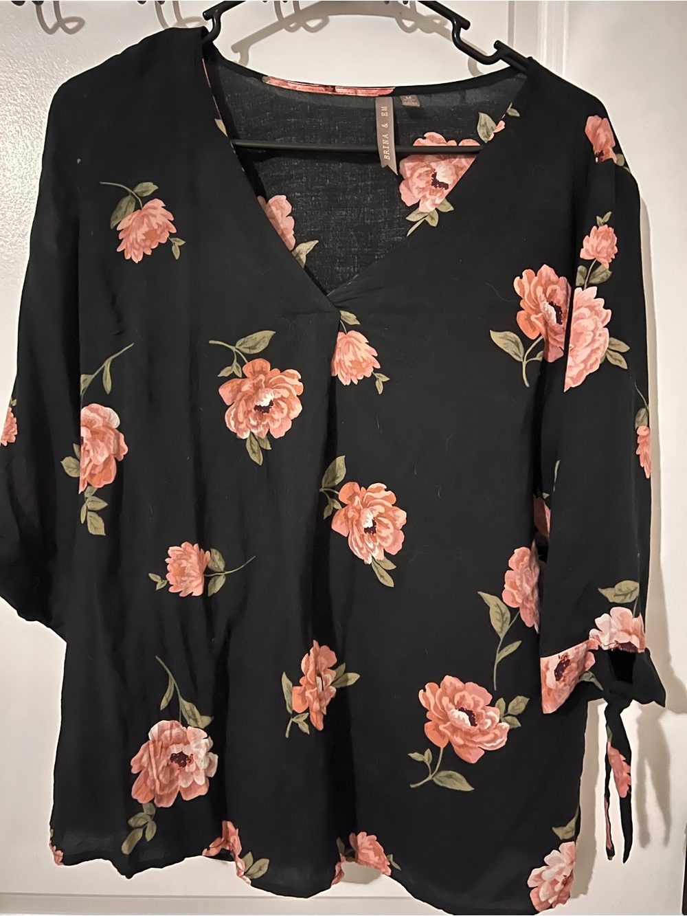 Brina & Em Floral V-Neck Black Blouse with Peach Roses
